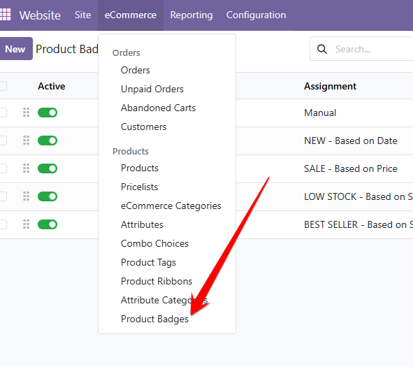 Product Badges menu