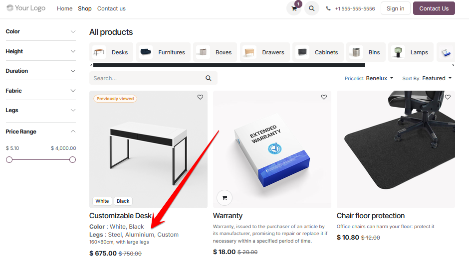 Product attributes displayed on an Odoo eCommerce product card