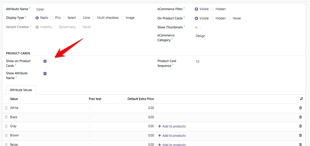 Product Card settings on an Odoo product attribute