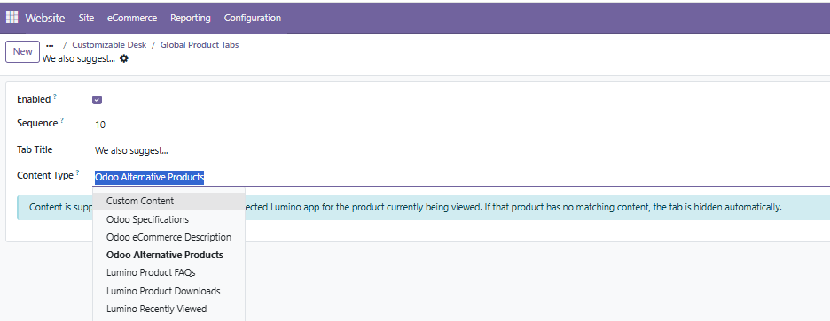 Global Product Tab content types