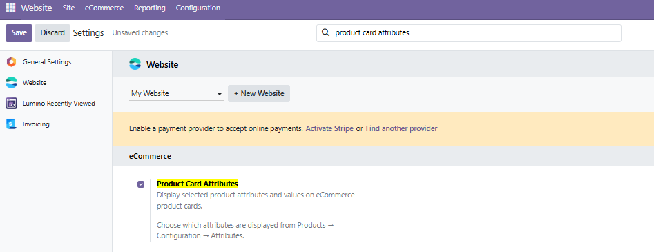 Product Card Attributes enable setting in Odoo Website settings