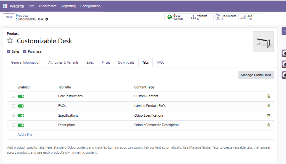 Manage product-specific tabs