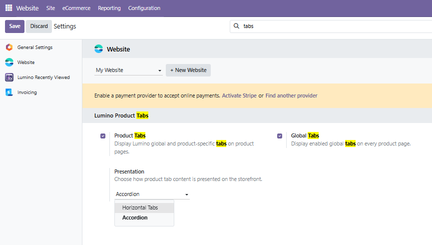 Product Tabs presentation settings