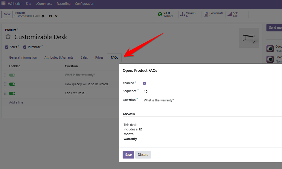 Manage product FAQs in Odoo