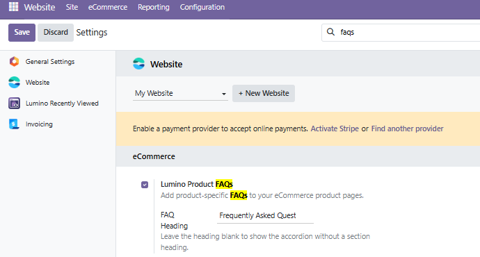 Lumino Product FAQs website settings
