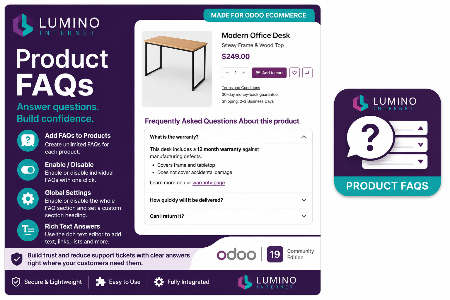 Lumino Product FAQs for Odoo 19