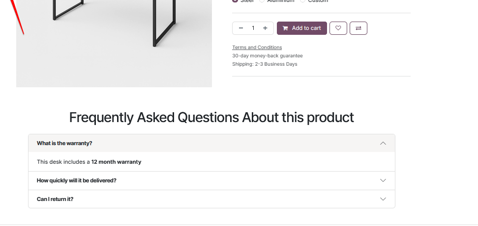Lumino Product FAQs on an Odoo product page